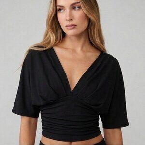 Black Ruched Deep V-Neck Cropped Top with Dolman Sleeves